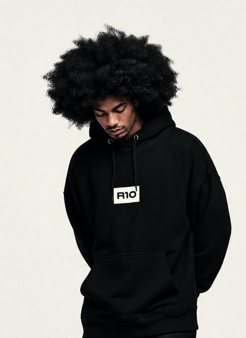 Mens Relaxed Hoodie - R10 SQ - BLACK