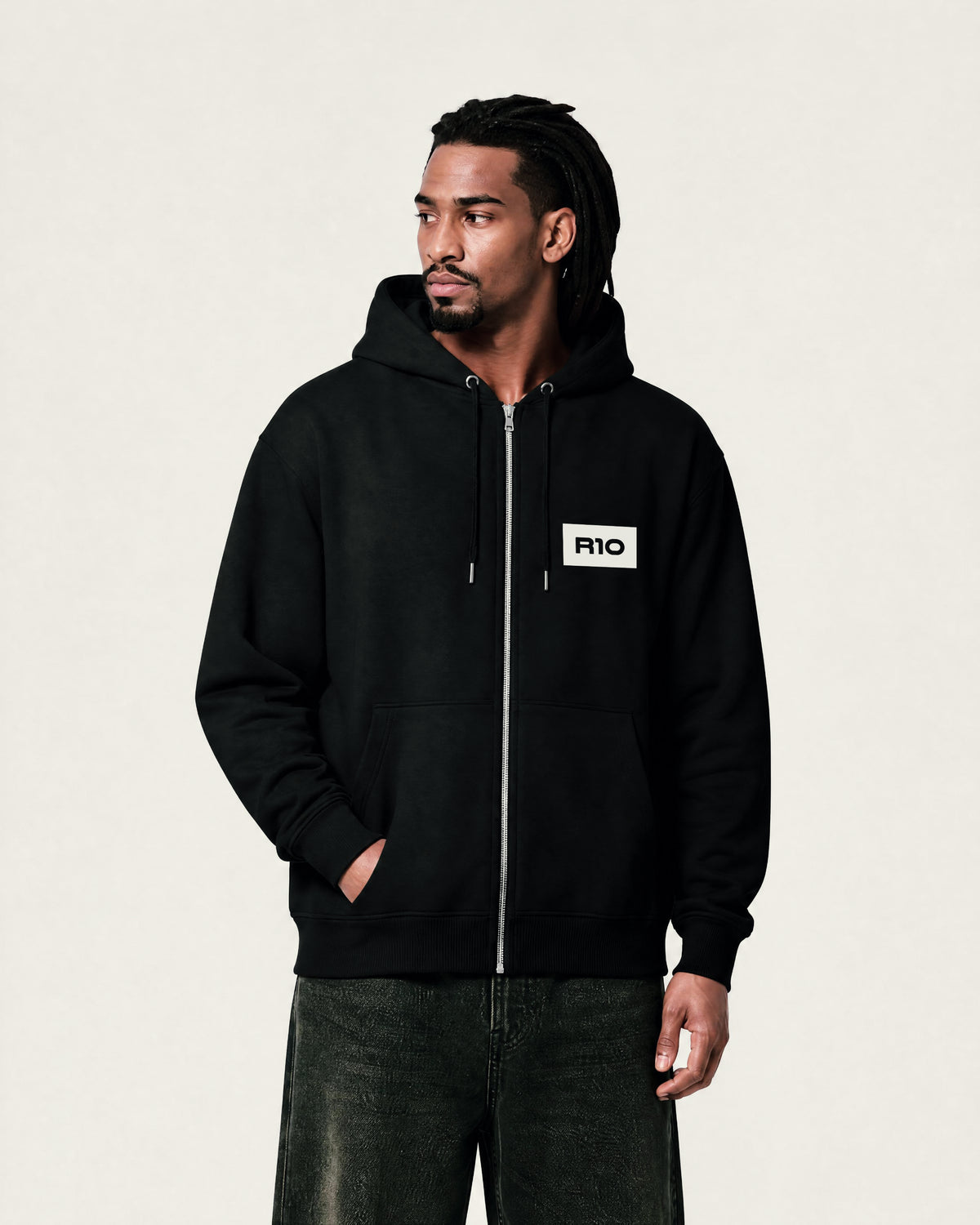 Mens Relaxed Zip Hoodie - R10 SQ - BLACK