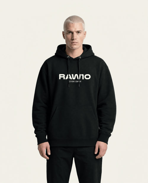 MENS RELAXED HOODIE - RAW10 CC ESSENTIAL - BLACK / WHITE